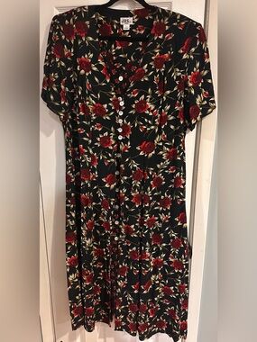Vintage J.B.S. Black Red Rose Floral Button-Front Midi Dress